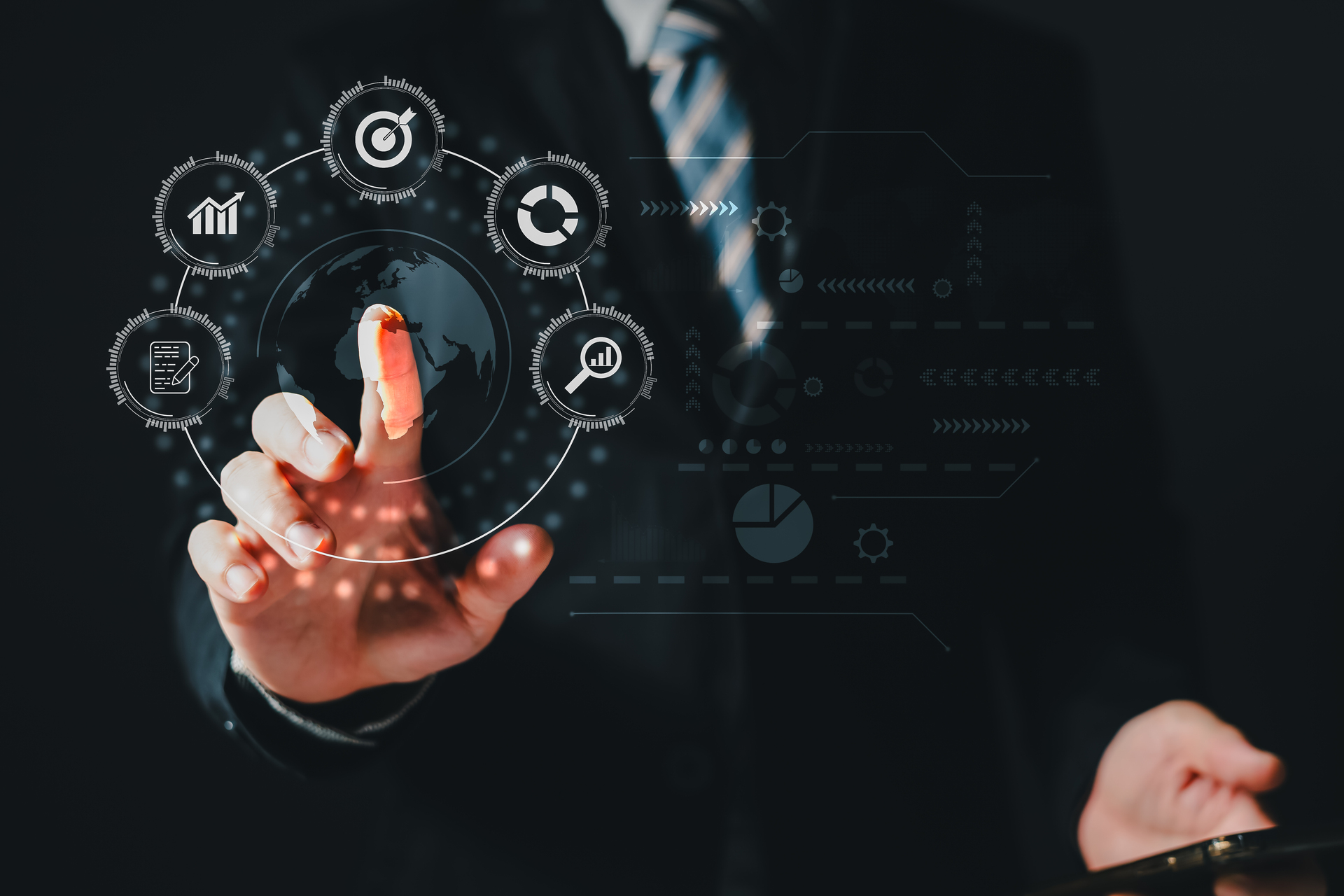 A person touch world and using a smartphone to plan in e-busines